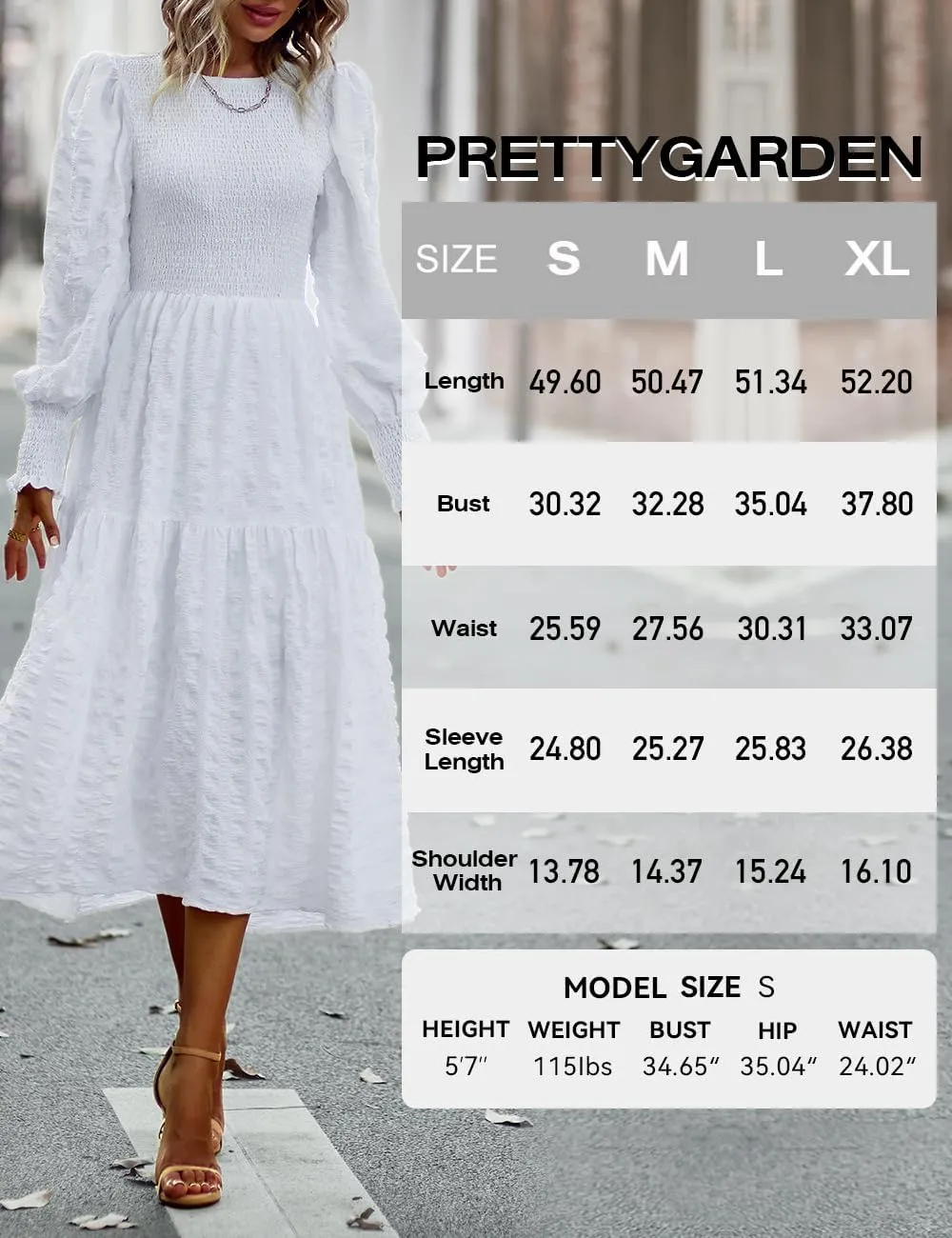 PRETTYGARDEN Women 2025 Spring Puff Long Sleeve Crewneck Smocked Maxi Dress Empire Waist Tiered A-line Swing Flowy Long Dress