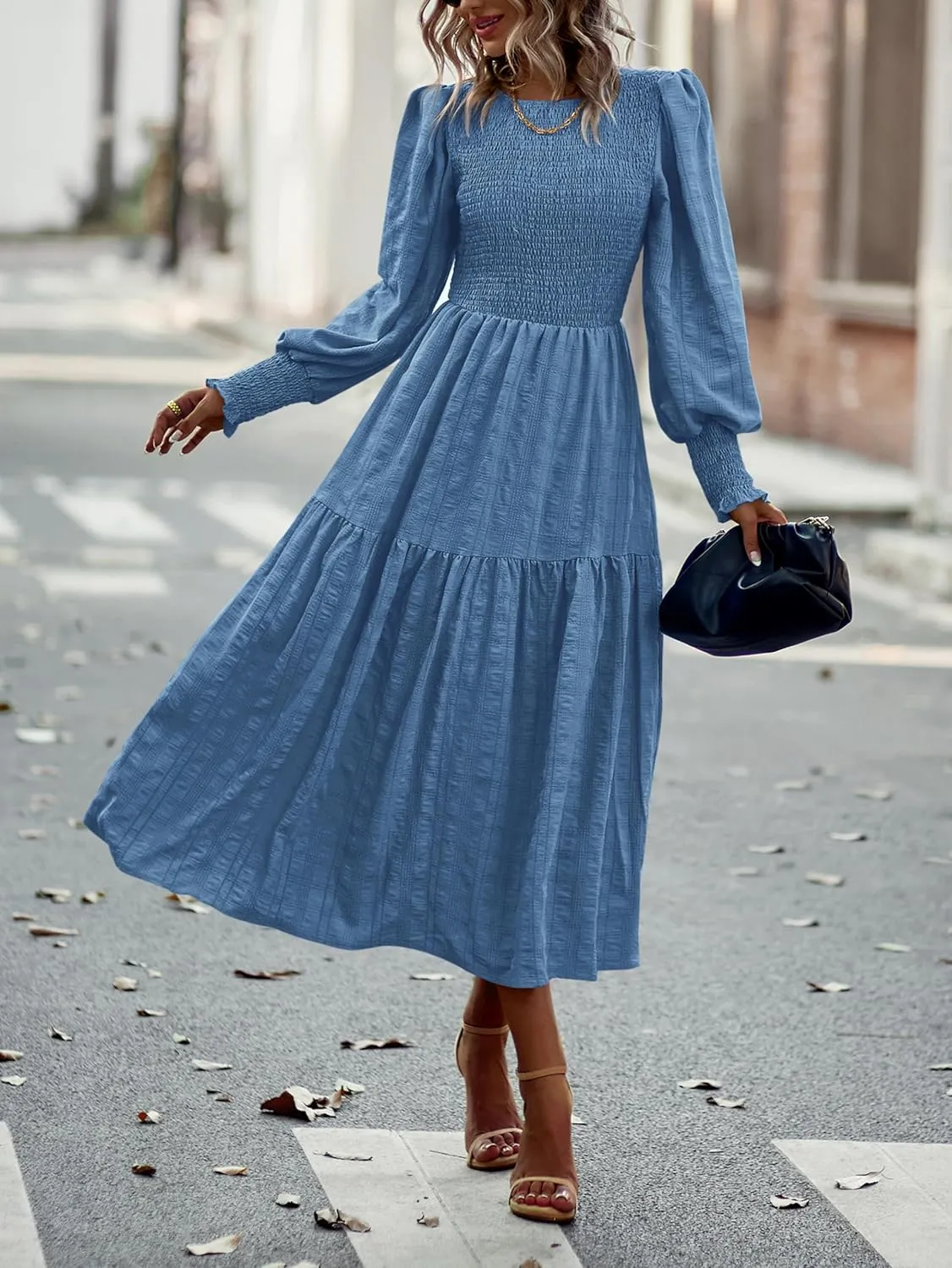 PRETTYGARDEN Women 2025 Spring Puff Long Sleeve Crewneck Smocked Maxi Dress Empire Waist Tiered A-line Swing Flowy Long Dress