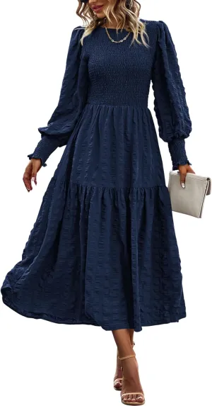 PRETTYGARDEN Women 2025 Spring Puff Long Sleeve Crewneck Smocked Maxi Dress Empire Waist Tiered A-line Swing Flowy Long Dress