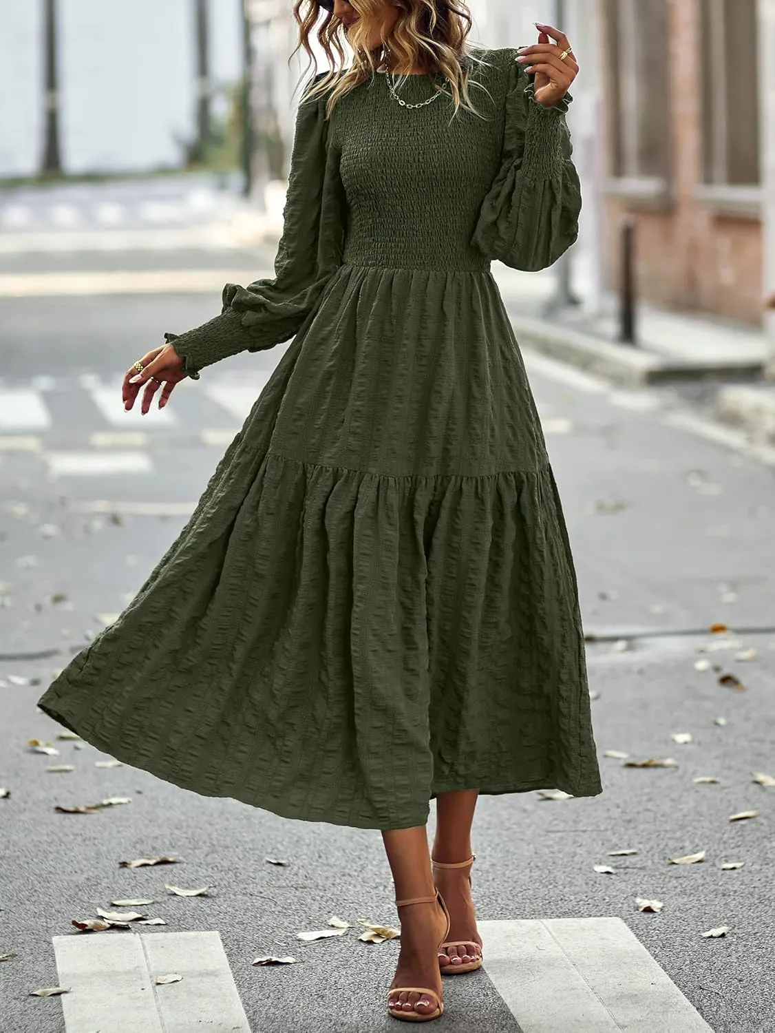 PRETTYGARDEN Women 2025 Spring Puff Long Sleeve Crewneck Smocked Maxi Dress Empire Waist Tiered A-line Swing Flowy Long Dress