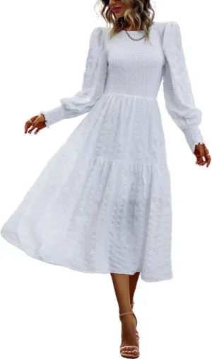 PRETTYGARDEN Women 2025 Spring Puff Long Sleeve Crewneck Smocked Maxi Dress Empire Waist Tiered A-line Swing Flowy Long Dress
