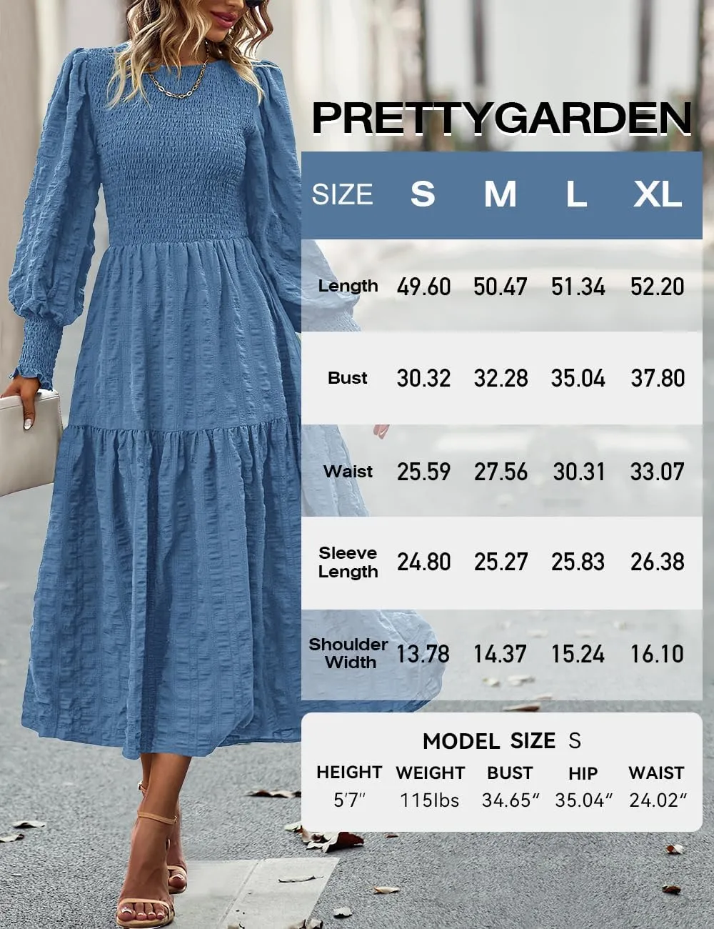 PRETTYGARDEN Women 2025 Spring Puff Long Sleeve Crewneck Smocked Maxi Dress Empire Waist Tiered A-line Swing Flowy Long Dress