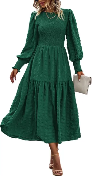 PRETTYGARDEN Women 2025 Spring Puff Long Sleeve Crewneck Smocked Maxi Dress Empire Waist Tiered A-line Swing Flowy Long Dress