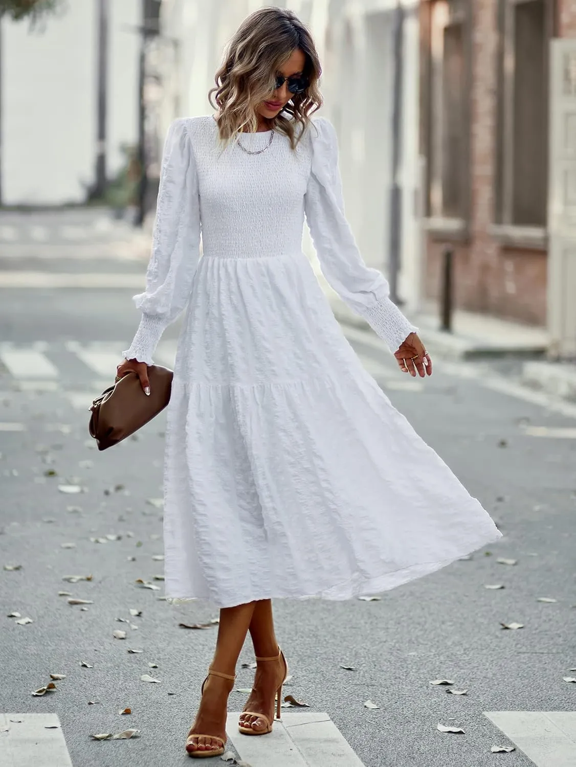PRETTYGARDEN Women 2025 Spring Puff Long Sleeve Crewneck Smocked Maxi Dress Empire Waist Tiered A-line Swing Flowy Long Dress
