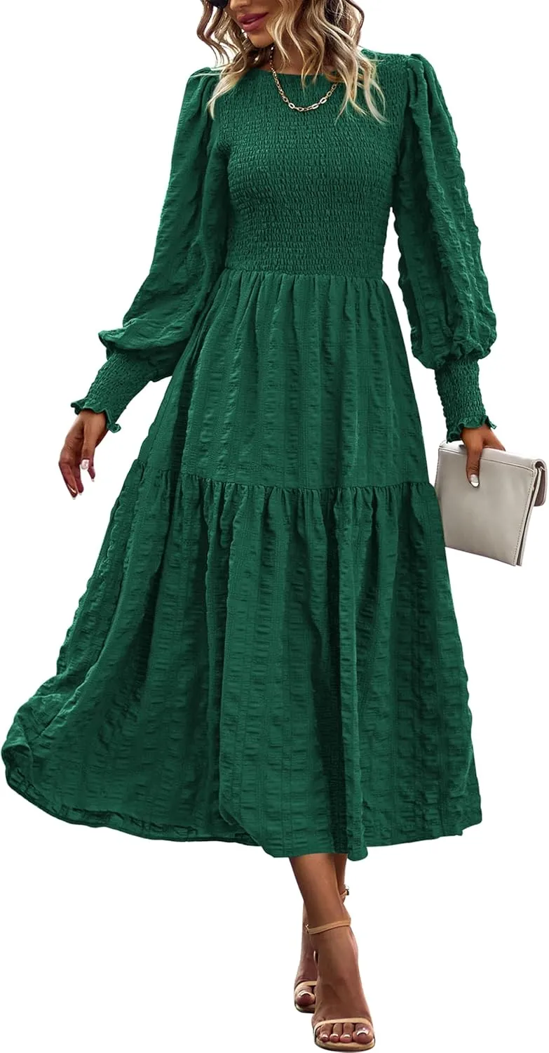 PRETTYGARDEN Women 2025 Spring Puff Long Sleeve Crewneck Smocked Maxi Dress Empire Waist Tiered A-line Swing Flowy Long Dress