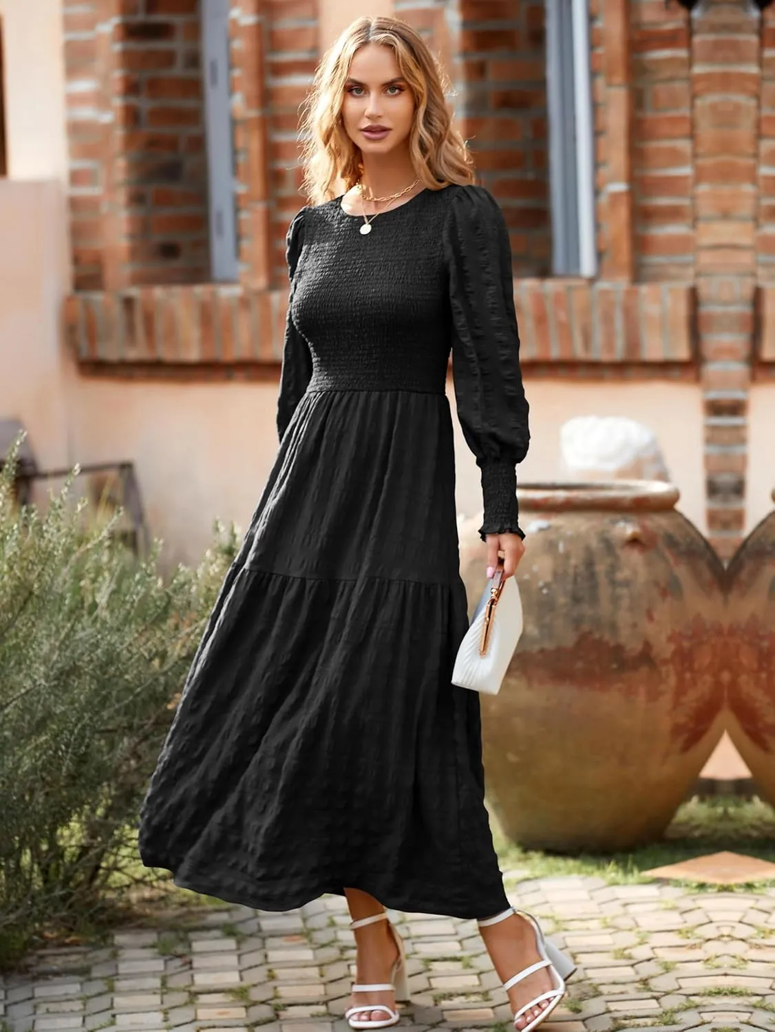 PRETTYGARDEN Women 2025 Spring Puff Long Sleeve Crewneck Smocked Maxi Dress Empire Waist Tiered A-line Swing Flowy Long Dress