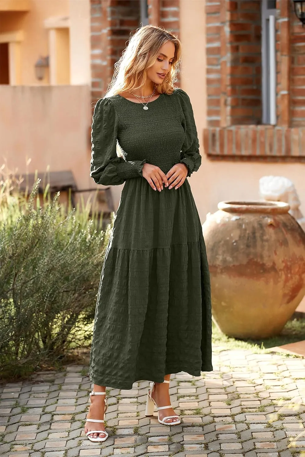 PRETTYGARDEN Women 2025 Spring Puff Long Sleeve Crewneck Smocked Maxi Dress Empire Waist Tiered A-line Swing Flowy Long Dress