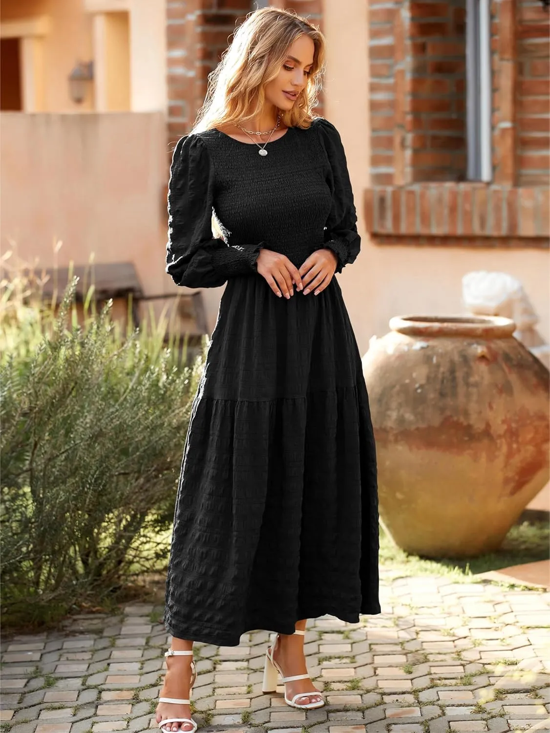 PRETTYGARDEN Women 2025 Spring Puff Long Sleeve Crewneck Smocked Maxi Dress Empire Waist Tiered A-line Swing Flowy Long Dress