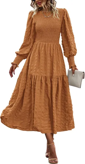 PRETTYGARDEN Women 2025 Spring Puff Long Sleeve Crewneck Smocked Maxi Dress Empire Waist Tiered A-line Swing Flowy Long Dress