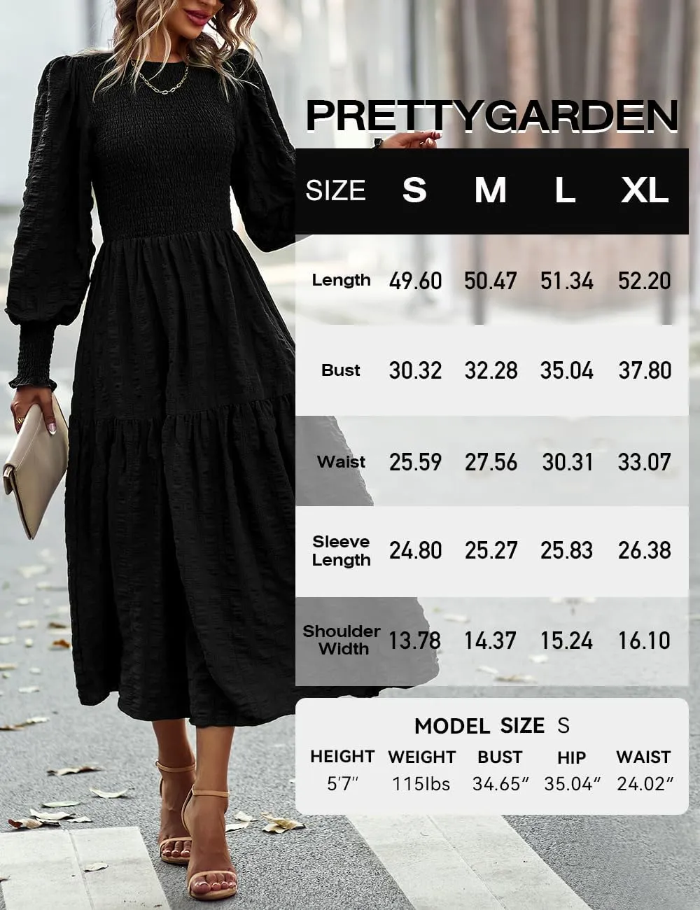 PRETTYGARDEN Women 2025 Spring Puff Long Sleeve Crewneck Smocked Maxi Dress Empire Waist Tiered A-line Swing Flowy Long Dress