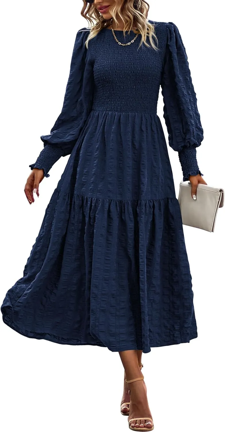 PRETTYGARDEN Women 2025 Spring Puff Long Sleeve Crewneck Smocked Maxi Dress Empire Waist Tiered A-line Swing Flowy Long Dress