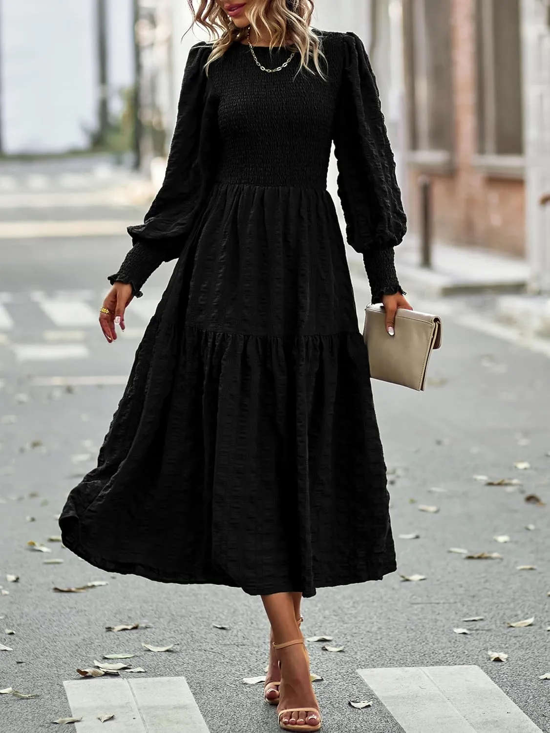 PRETTYGARDEN Women 2025 Spring Puff Long Sleeve Crewneck Smocked Maxi Dress Empire Waist Tiered A-line Swing Flowy Long Dress