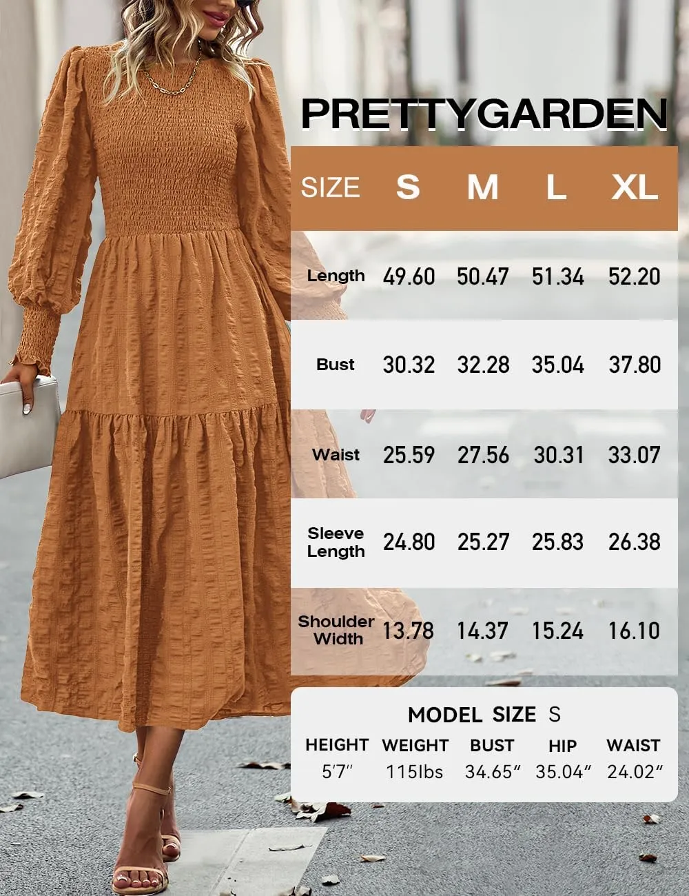PRETTYGARDEN Women 2025 Spring Puff Long Sleeve Crewneck Smocked Maxi Dress Empire Waist Tiered A-line Swing Flowy Long Dress