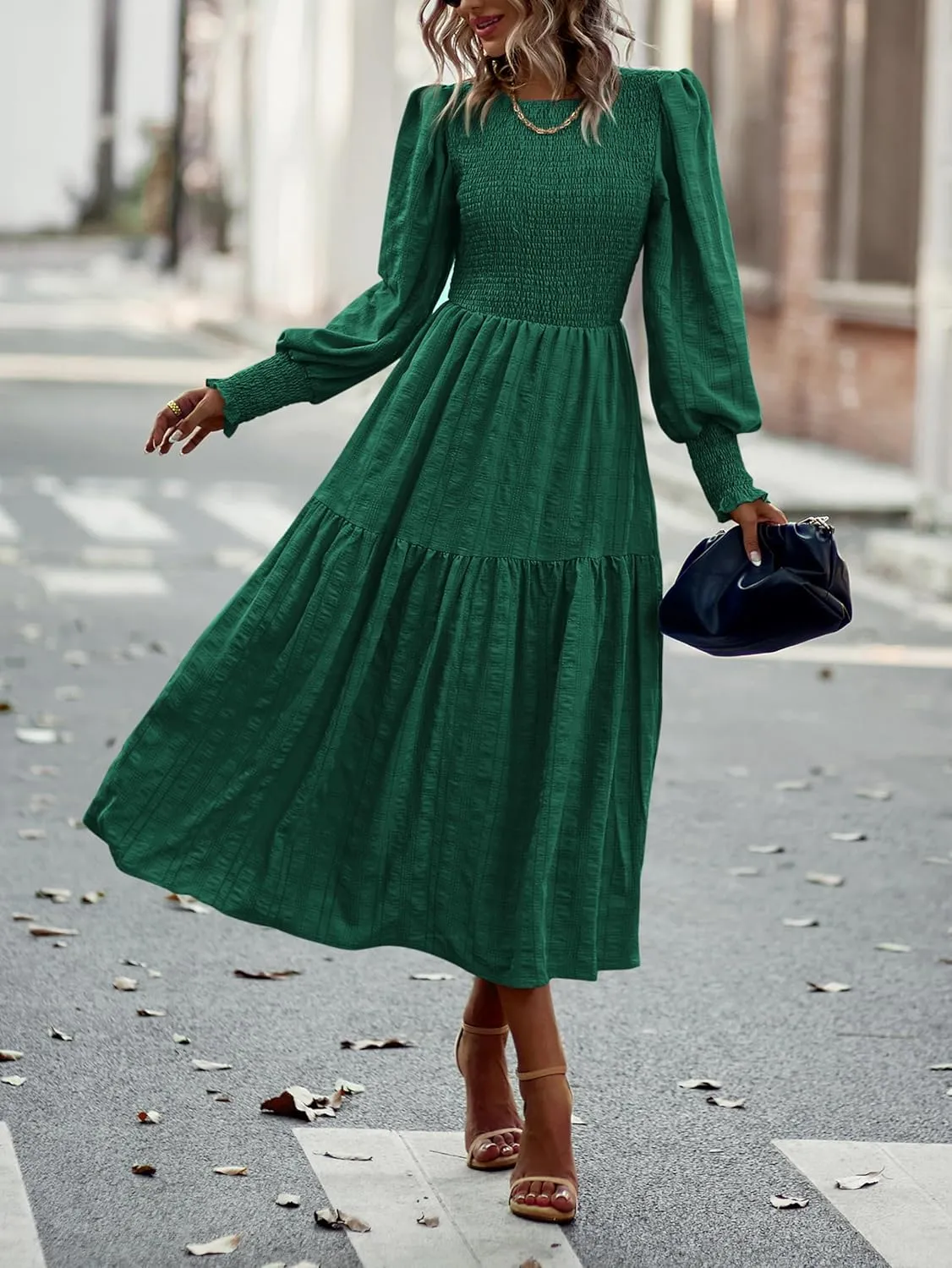 PRETTYGARDEN Women 2025 Spring Puff Long Sleeve Crewneck Smocked Maxi Dress Empire Waist Tiered A-line Swing Flowy Long Dress