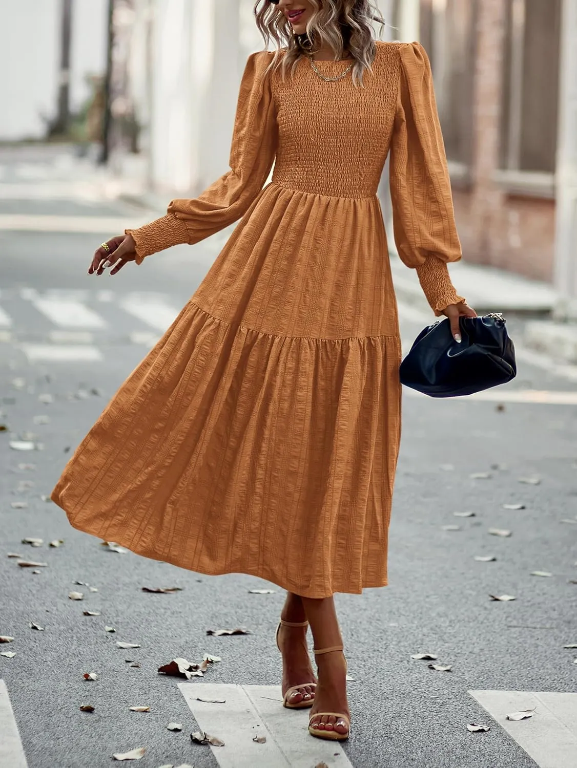 PRETTYGARDEN Women 2025 Spring Puff Long Sleeve Crewneck Smocked Maxi Dress Empire Waist Tiered A-line Swing Flowy Long Dress