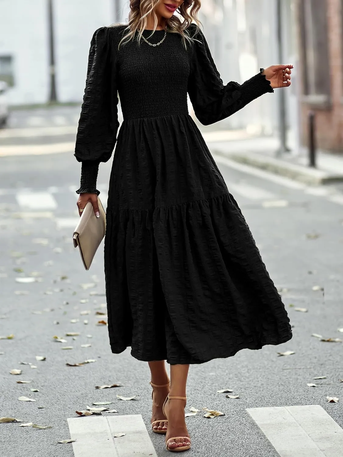PRETTYGARDEN Women 2025 Spring Puff Long Sleeve Crewneck Smocked Maxi Dress Empire Waist Tiered A-line Swing Flowy Long Dress