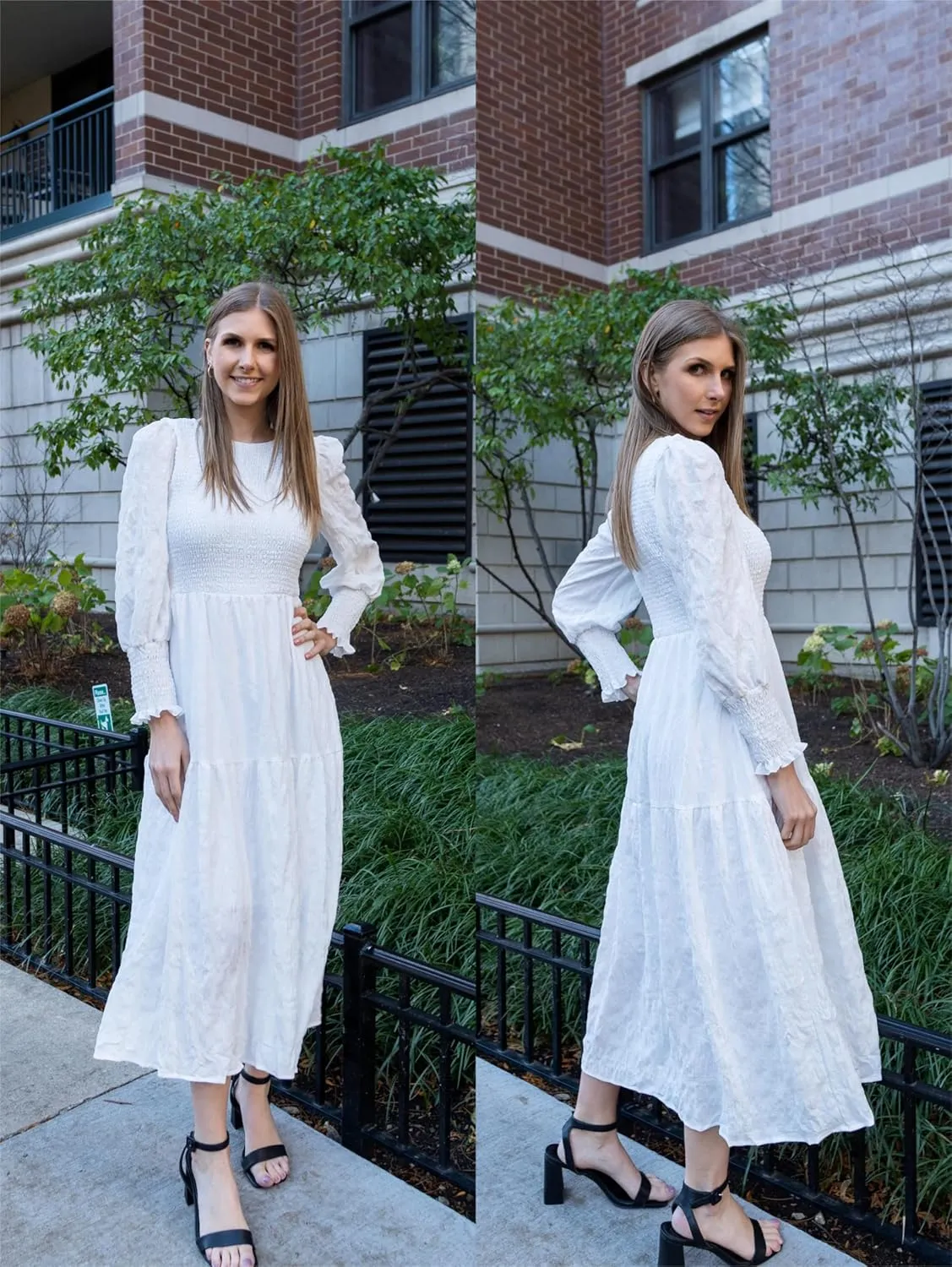 PRETTYGARDEN Women 2025 Spring Puff Long Sleeve Crewneck Smocked Maxi Dress Empire Waist Tiered A-line Swing Flowy Long Dress
