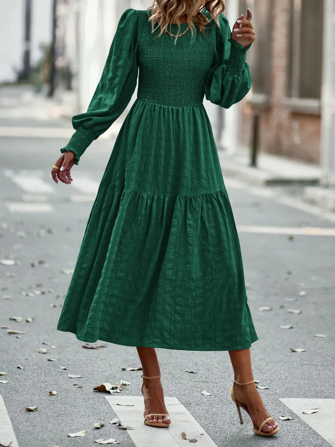 PRETTYGARDEN Women 2025 Spring Puff Long Sleeve Crewneck Smocked Maxi Dress Empire Waist Tiered A-line Swing Flowy Long Dress