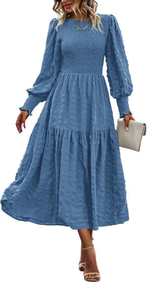 PRETTYGARDEN Women 2025 Spring Puff Long Sleeve Crewneck Smocked Maxi Dress Empire Waist Tiered A-line Swing Flowy Long Dress