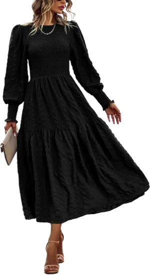 PRETTYGARDEN Women 2025 Spring Puff Long Sleeve Crewneck Smocked Maxi Dress Empire Waist Tiered A-line Swing Flowy Long Dress