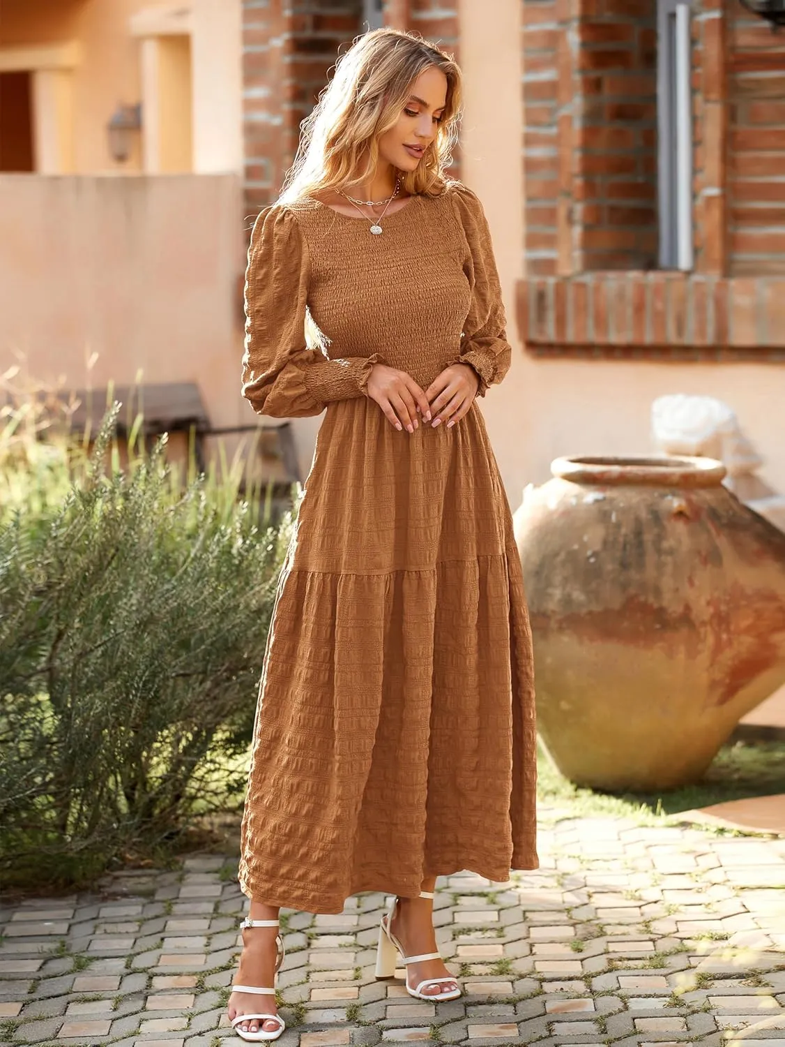 PRETTYGARDEN Women 2025 Spring Puff Long Sleeve Crewneck Smocked Maxi Dress Empire Waist Tiered A-line Swing Flowy Long Dress