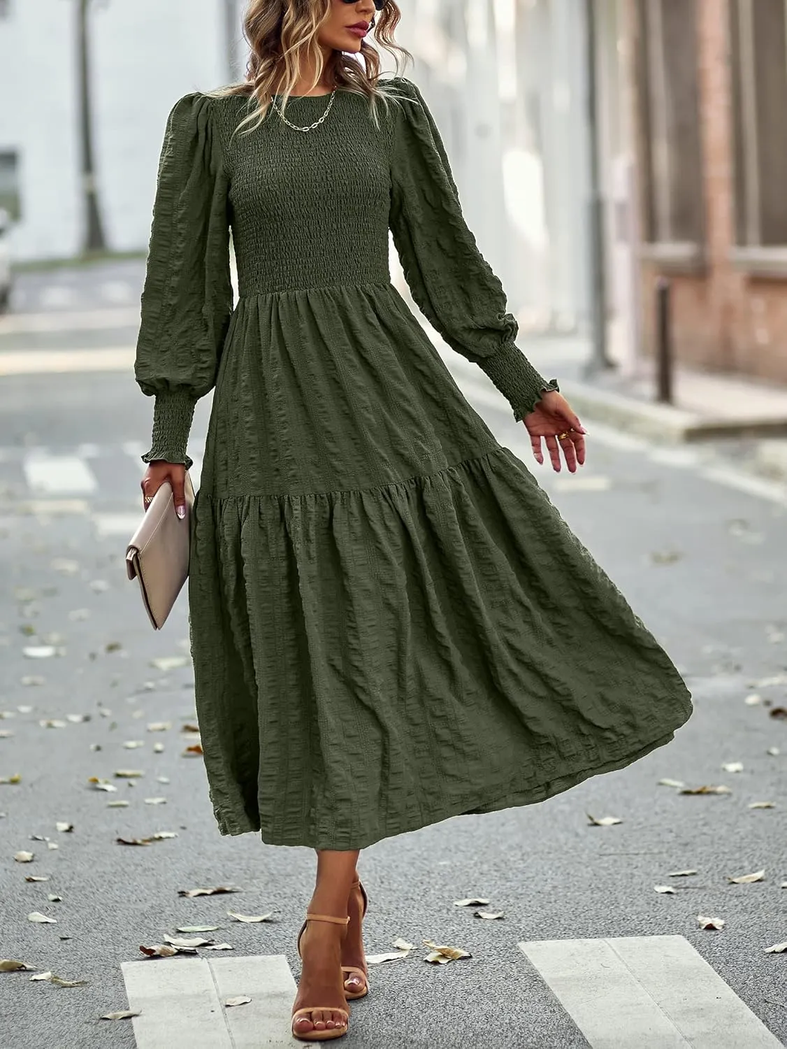 PRETTYGARDEN Women 2025 Spring Puff Long Sleeve Crewneck Smocked Maxi Dress Empire Waist Tiered A-line Swing Flowy Long Dress