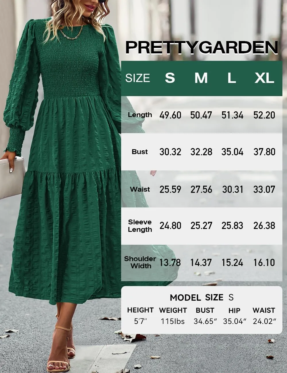 PRETTYGARDEN Women 2025 Spring Puff Long Sleeve Crewneck Smocked Maxi Dress Empire Waist Tiered A-line Swing Flowy Long Dress