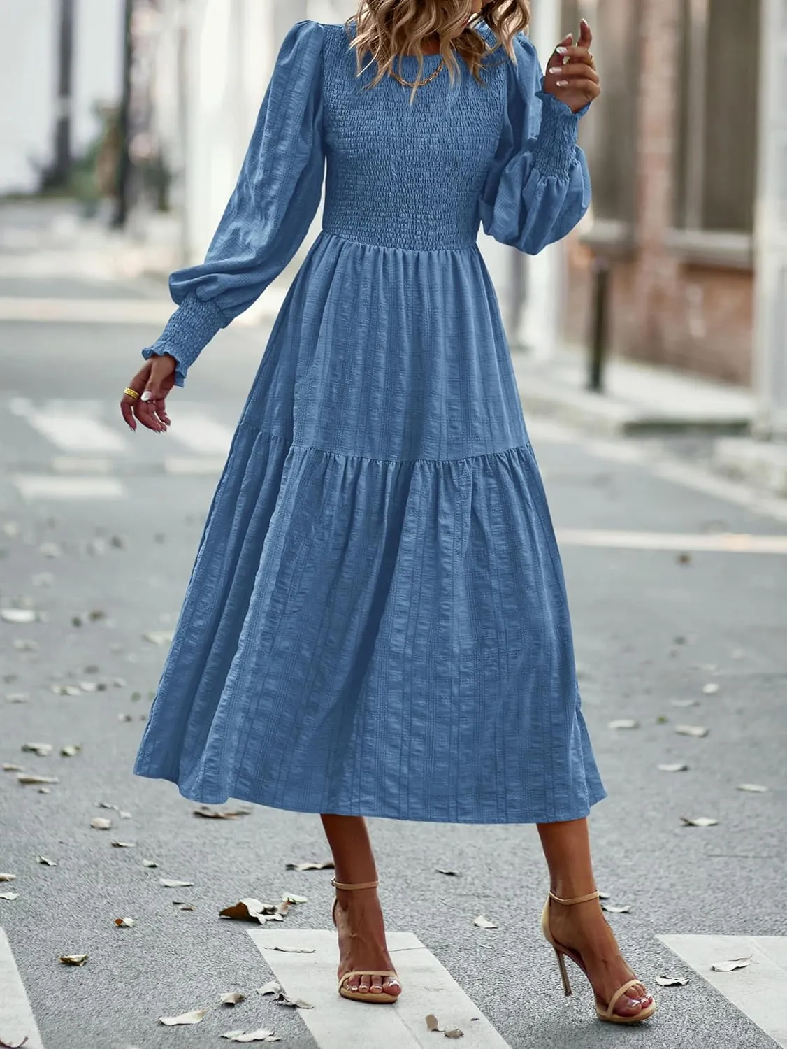 PRETTYGARDEN Women 2025 Spring Puff Long Sleeve Crewneck Smocked Maxi Dress Empire Waist Tiered A-line Swing Flowy Long Dress