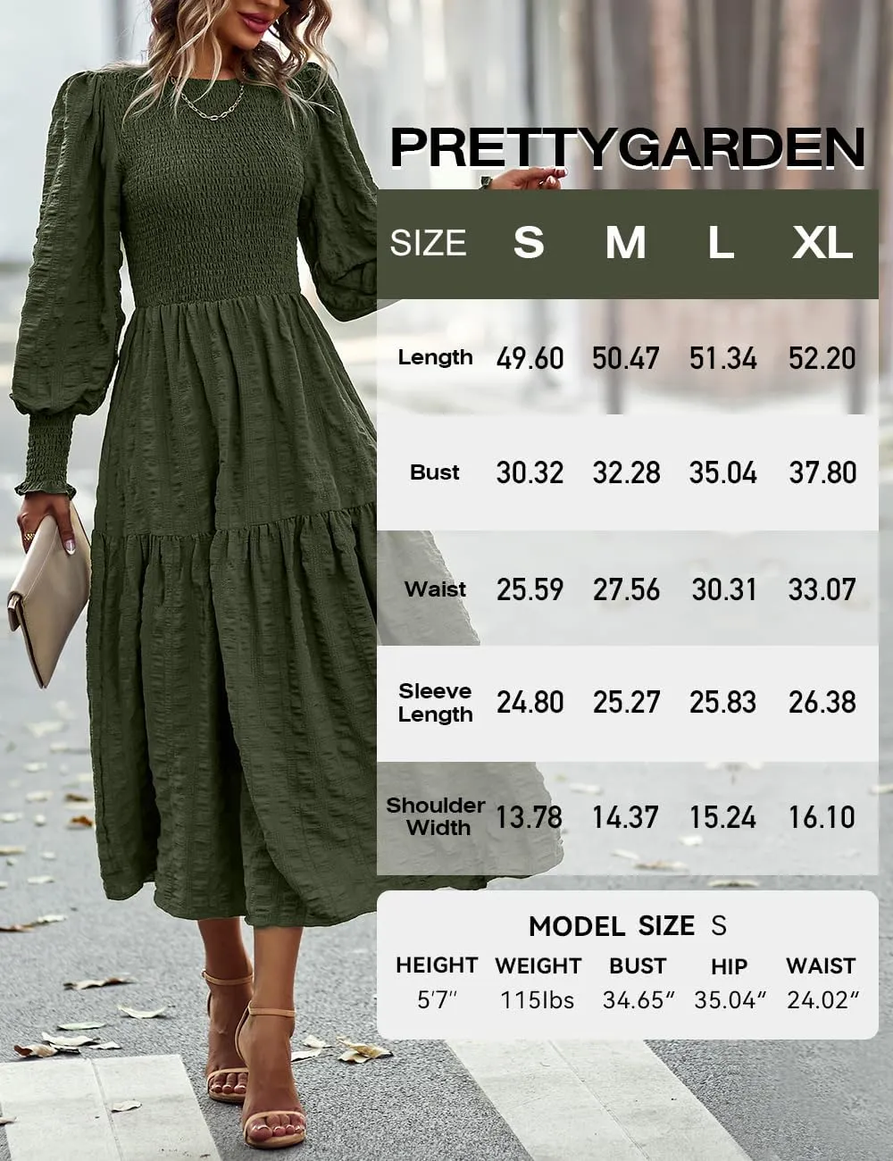 PRETTYGARDEN Women 2025 Spring Puff Long Sleeve Crewneck Smocked Maxi Dress Empire Waist Tiered A-line Swing Flowy Long Dress