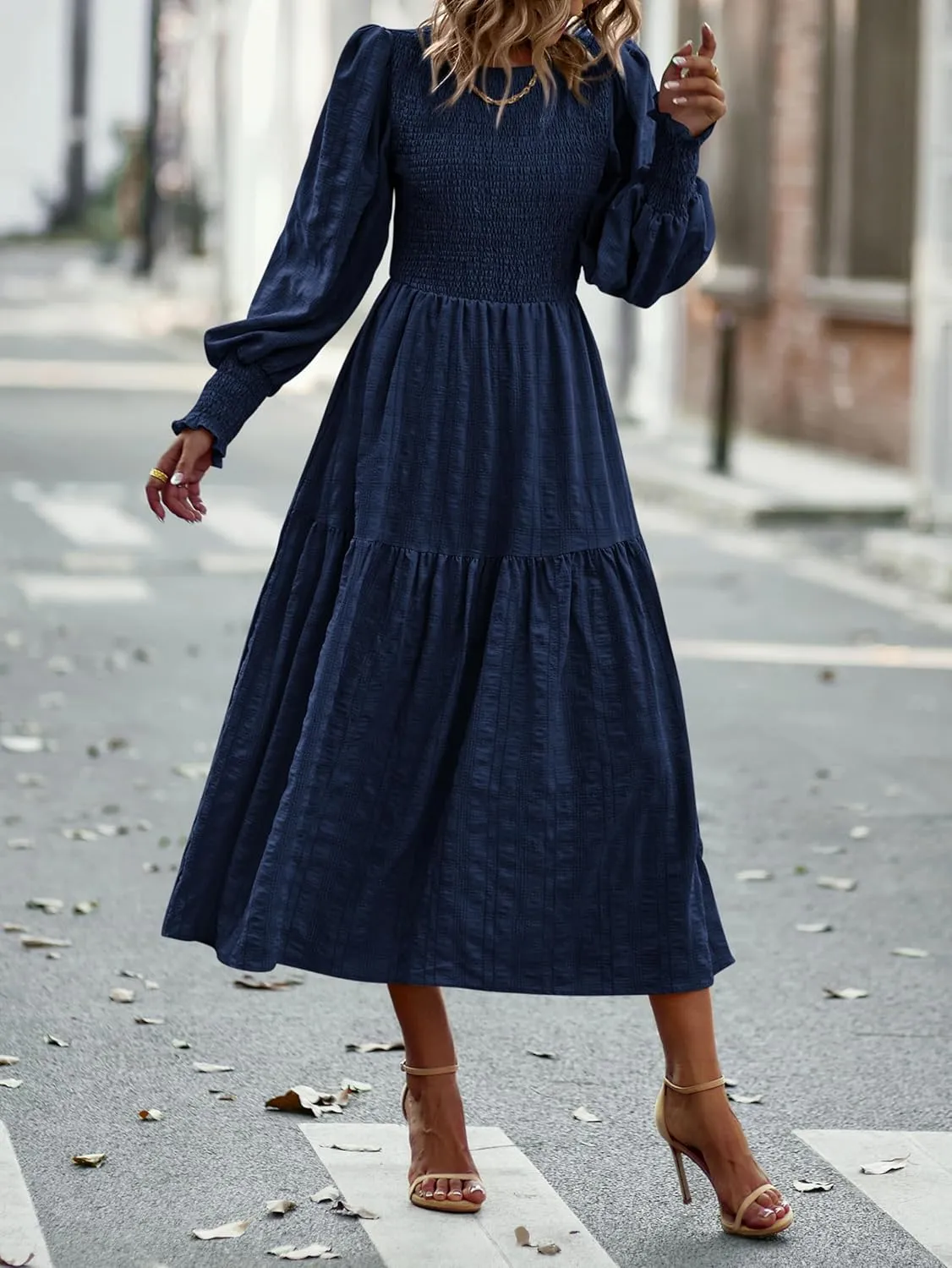 PRETTYGARDEN Women 2025 Spring Puff Long Sleeve Crewneck Smocked Maxi Dress Empire Waist Tiered A-line Swing Flowy Long Dress