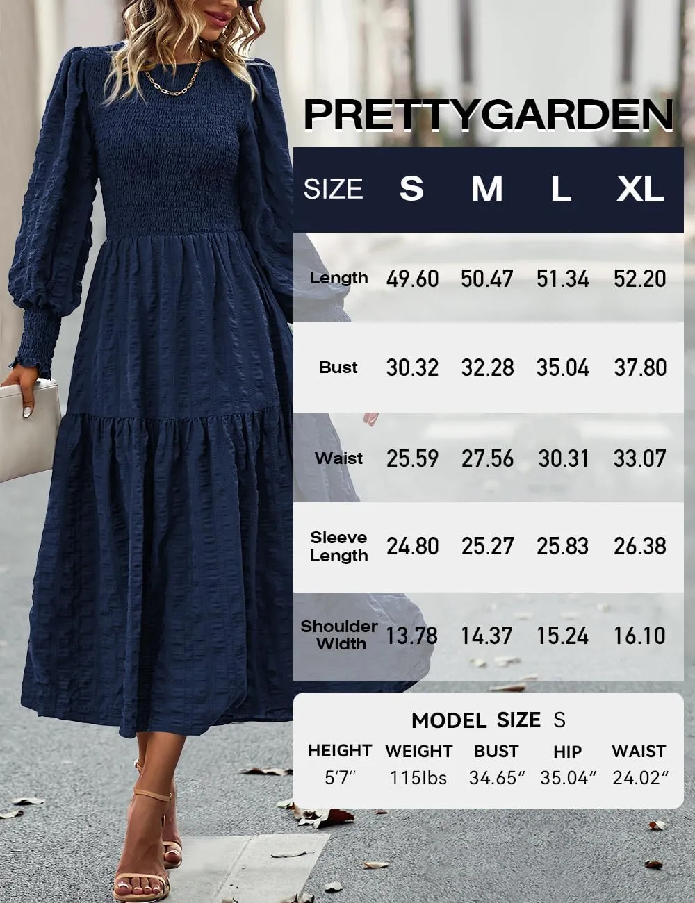 PRETTYGARDEN Women 2025 Spring Puff Long Sleeve Crewneck Smocked Maxi Dress Empire Waist Tiered A-line Swing Flowy Long Dress