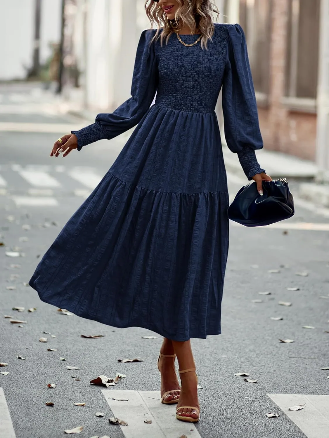 PRETTYGARDEN Women 2025 Spring Puff Long Sleeve Crewneck Smocked Maxi Dress Empire Waist Tiered A-line Swing Flowy Long Dress