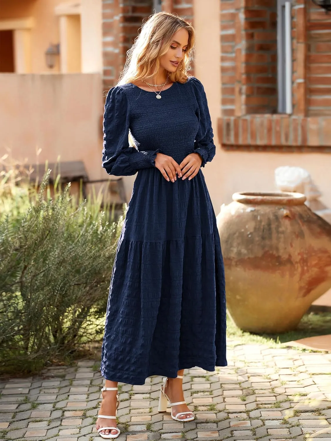 PRETTYGARDEN Women 2025 Spring Puff Long Sleeve Crewneck Smocked Maxi Dress Empire Waist Tiered A-line Swing Flowy Long Dress