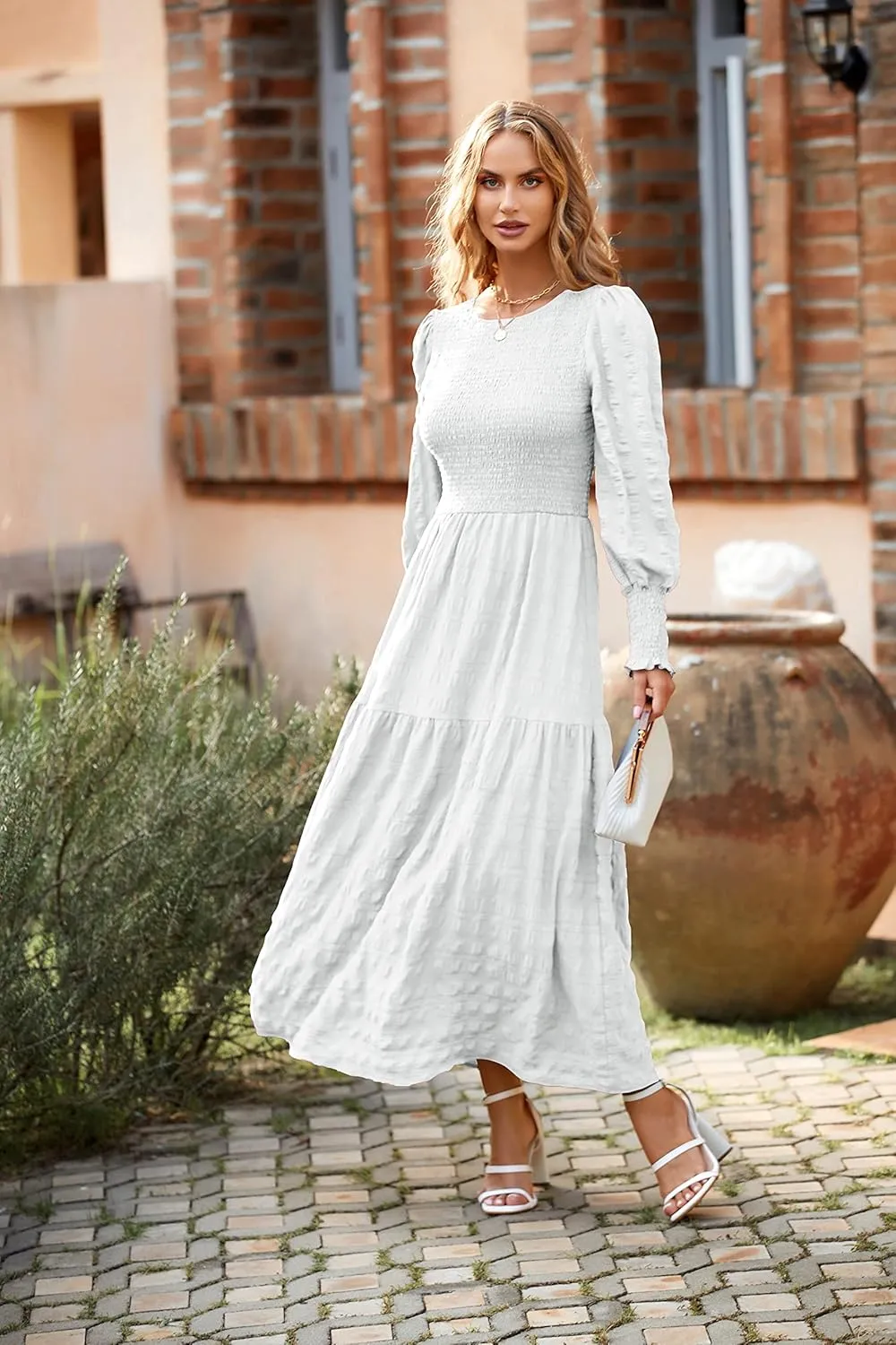 PRETTYGARDEN Women 2025 Spring Puff Long Sleeve Crewneck Smocked Maxi Dress Empire Waist Tiered A-line Swing Flowy Long Dress