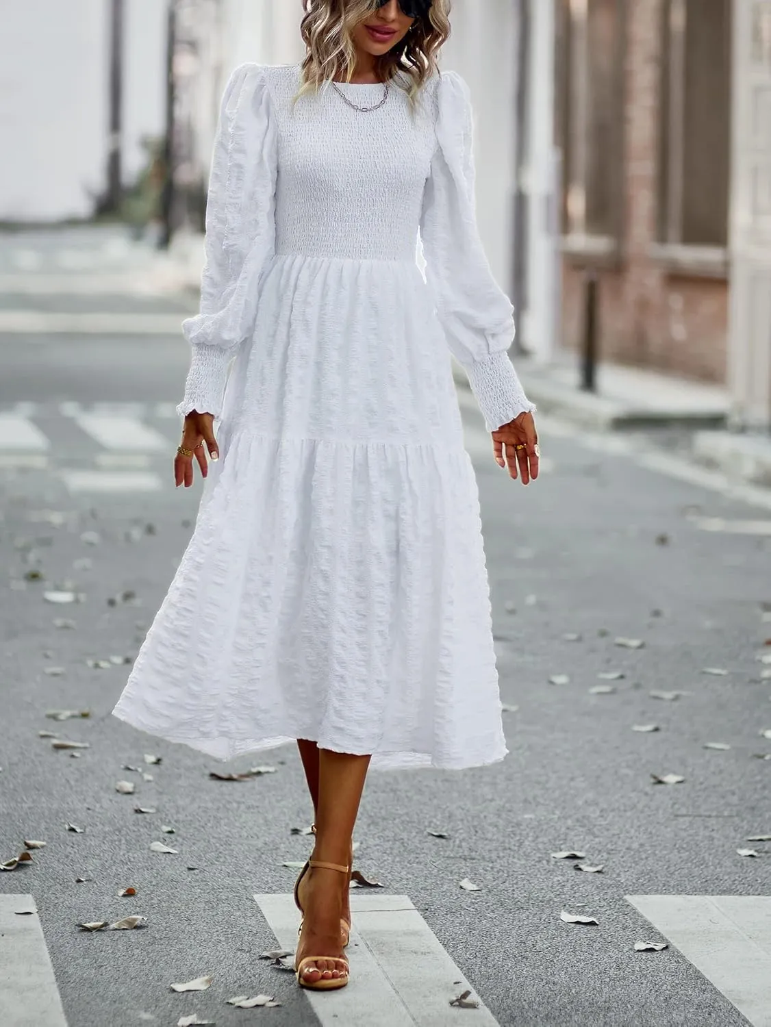 PRETTYGARDEN Women 2025 Spring Puff Long Sleeve Crewneck Smocked Maxi Dress Empire Waist Tiered A-line Swing Flowy Long Dress