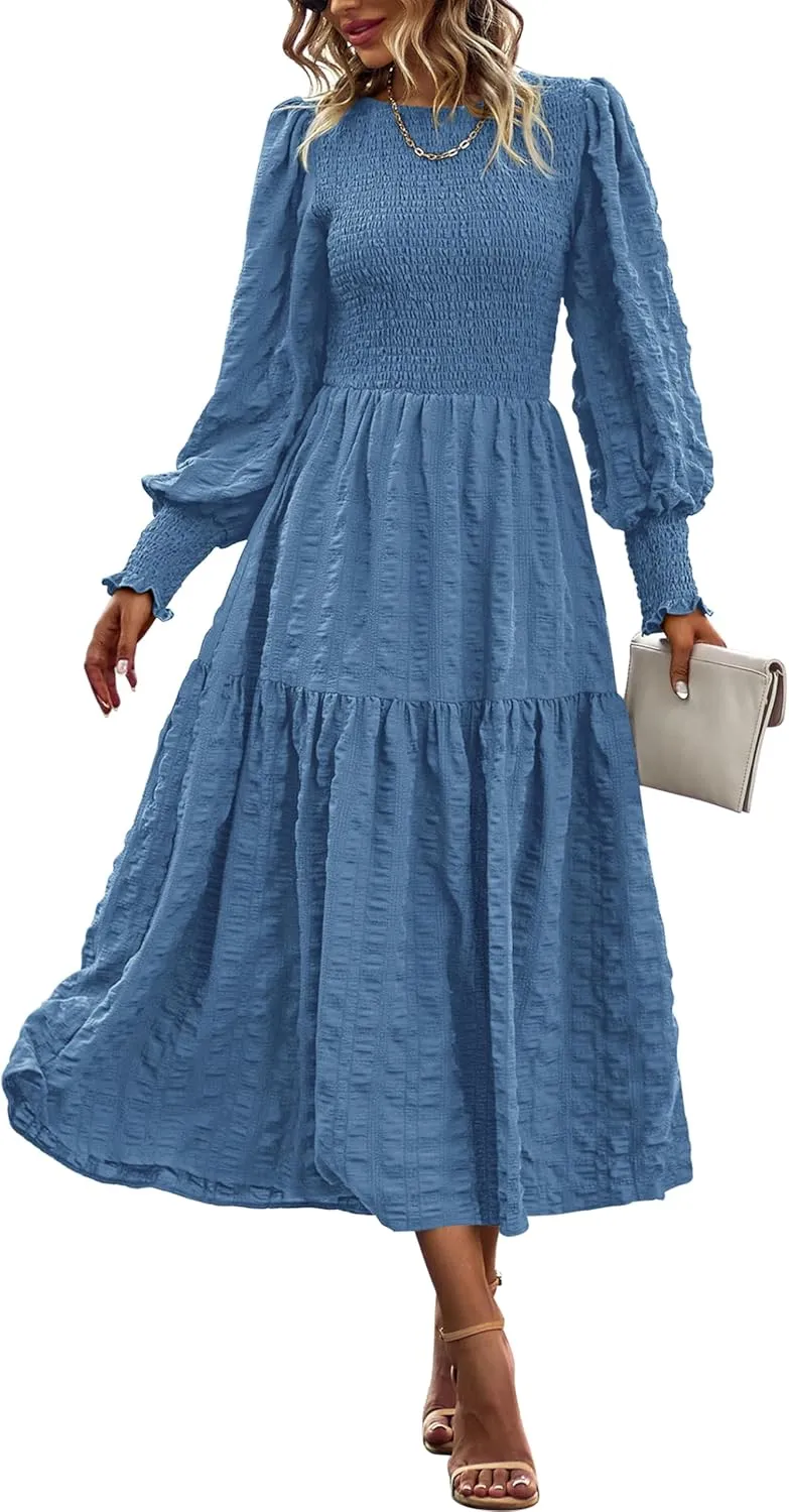 PRETTYGARDEN Women 2025 Spring Puff Long Sleeve Crewneck Smocked Maxi Dress Empire Waist Tiered A-line Swing Flowy Long Dress