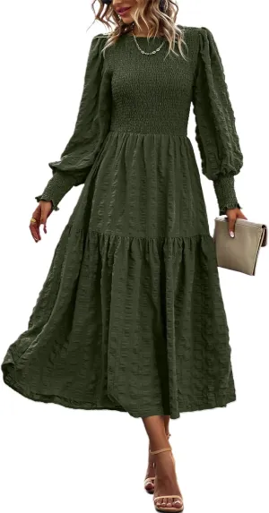PRETTYGARDEN Women 2025 Spring Puff Long Sleeve Crewneck Smocked Maxi Dress Empire Waist Tiered A-line Swing Flowy Long Dress