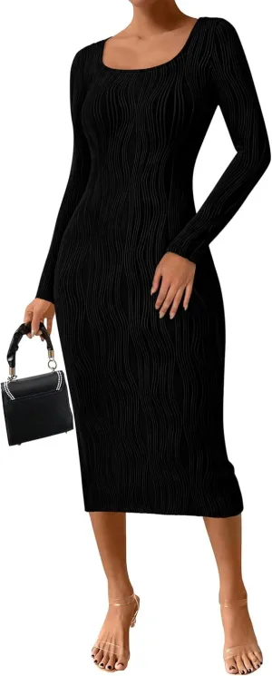 PRETTYGARDEN Womens Fall Dresses 2025 Long Sleeve Square Neck Knit Midi Beach Vacation Clothes Slit Bodycon Long Dress