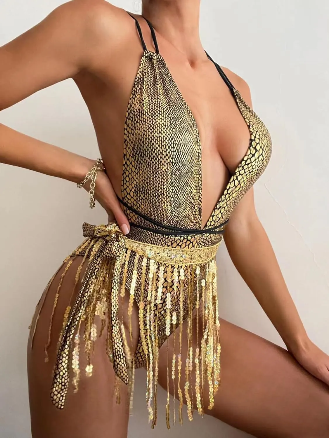 PURFUN 2Pcs Halter Snakeskin One Piece Swimsuit Sparkly Sequins Tassels Set, Women Sexy Deep V Bikini Suit Beach Rave Outfits