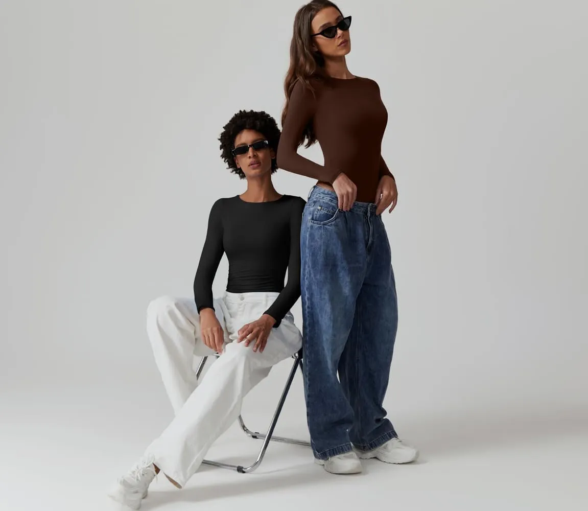 QINSEN Womens Crew Neck Long Sleeve Bodysuit Double Lined Body Suits Basic T-Shirt Tops