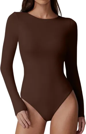 QINSEN Womens Crew Neck Long Sleeve Bodysuit Double Lined Body Suits Basic T-Shirt Tops