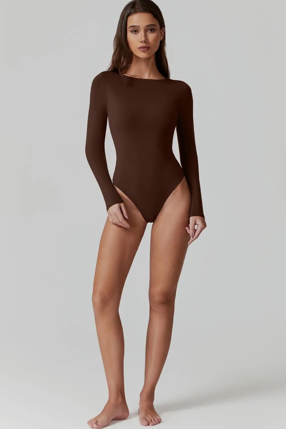 QINSEN Womens Crew Neck Long Sleeve Bodysuit Double Lined Body Suits Basic T-Shirt Tops