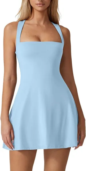 QINSEN Womens Square Neck Tennis Dress Sleeveless Built in Shorts Golf Athletic Dress with Pockets
