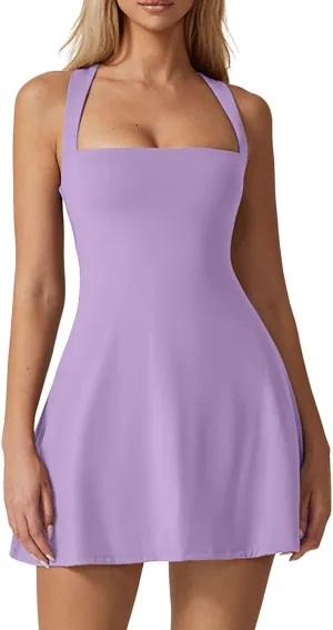 QINSEN Womens Square Neck Tennis Dress Sleeveless Built in Shorts Golf Athletic Dress with Pockets