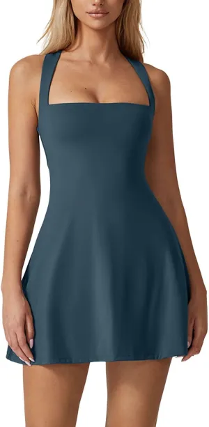 QINSEN Womens Square Neck Tennis Dress Sleeveless Built in Shorts Golf Athletic Dress with Pockets