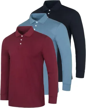 Real Essentials 3 Pack Men's Cotton Jersey Long-Sleeve Polo Shirt - Casual Workwear Office (Available in Big & Tall)
