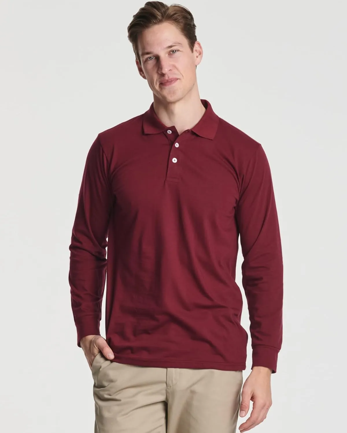 Real Essentials 3 Pack Men's Cotton Jersey Long-Sleeve Polo Shirt - Casual Workwear Office (Available in Big & Tall)
