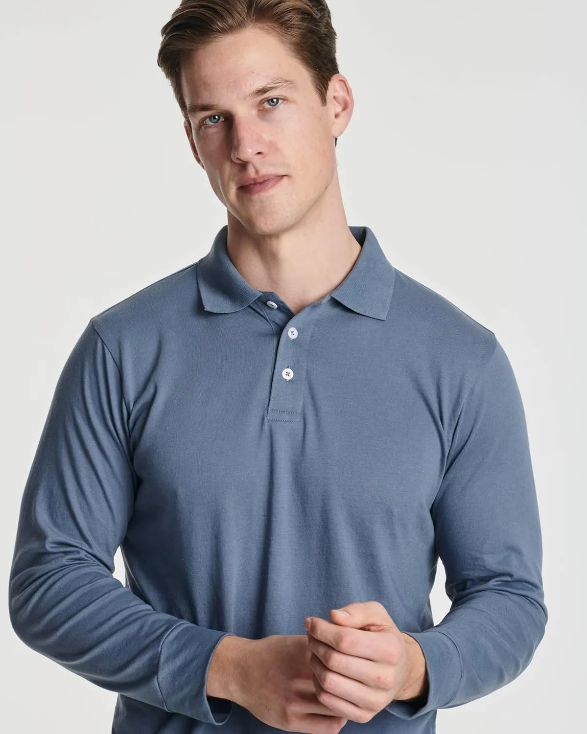 Real Essentials 3 Pack Men's Cotton Jersey Long-Sleeve Polo Shirt - Casual Workwear Office (Available in Big & Tall)