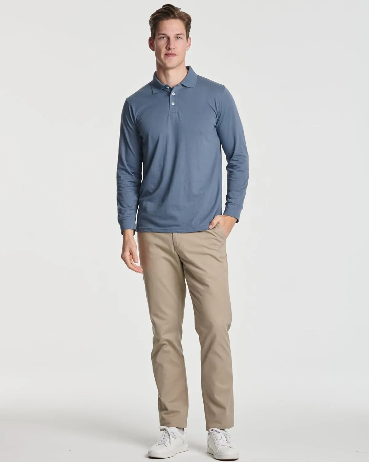 Real Essentials 3 Pack Men's Cotton Jersey Long-Sleeve Polo Shirt - Casual Workwear Office (Available in Big & Tall)