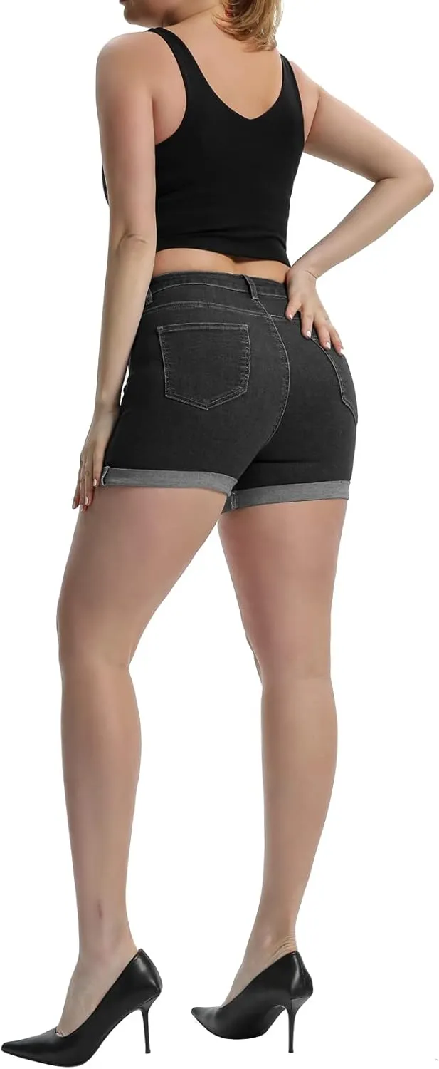 Romastory Women's High Waisted Summer Elastic Jean Shorts Folded Hem Hot Denim Shorts for Women